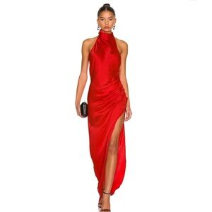 Amanda Uprichard Red Halter Satin Maxi Dress with Side Slit